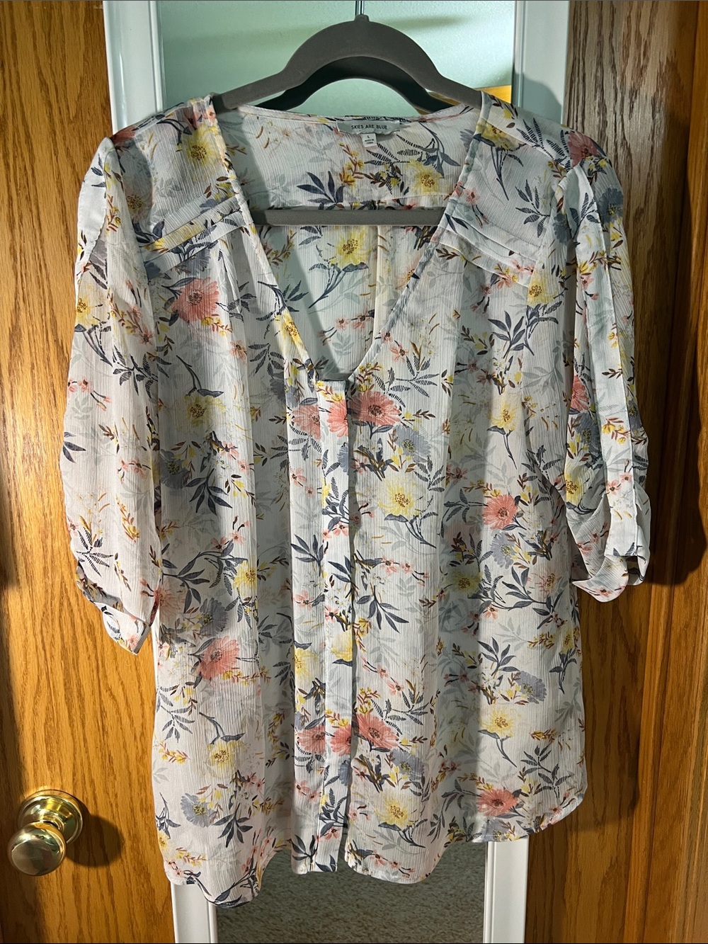 Skies Are Blue Light Blue Floral V-Neck Blouse with Pink & Yellow Accents
